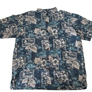 Paradise Bay Made in Hawaii Blue Floral Cotton Short Sleeve Button Up Shirt - L